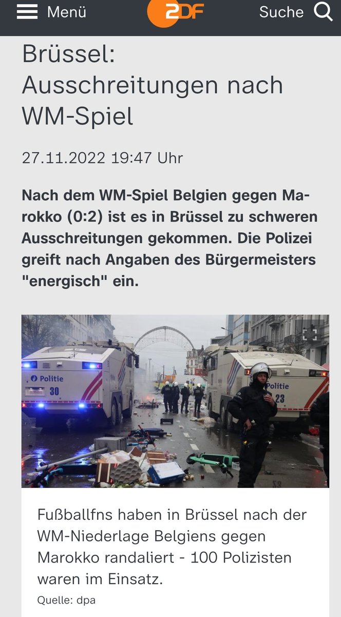 Laut dem ZDF haben heute Fußballfans nach der Niederlage Belgiens gegen Marokko in Brüssel randaliert. #ReformOerr #OERRBlog