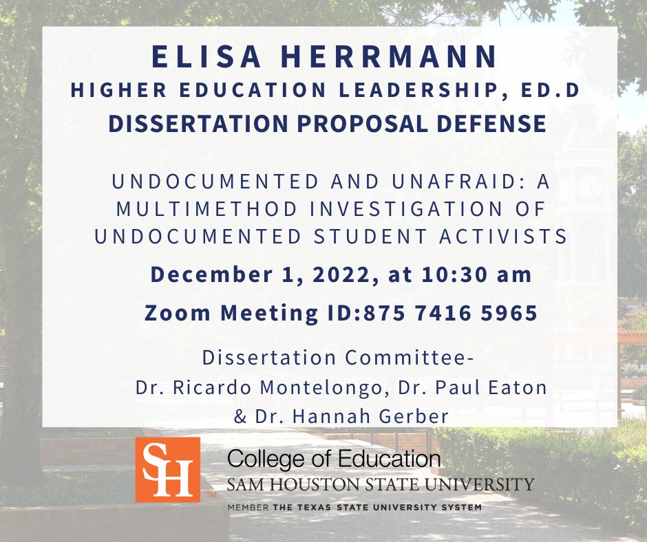 Elisa Herrmann, #SHSUHEDL doctoral scholar, will present their dissertation proposal on Thursday, December 1 at 10:30 AM. Open to all. #SHSUHIED #SHSUCOE #SHSU #sagrad #sadoc #sapro @SHSUCOE @SHSUGradSchool