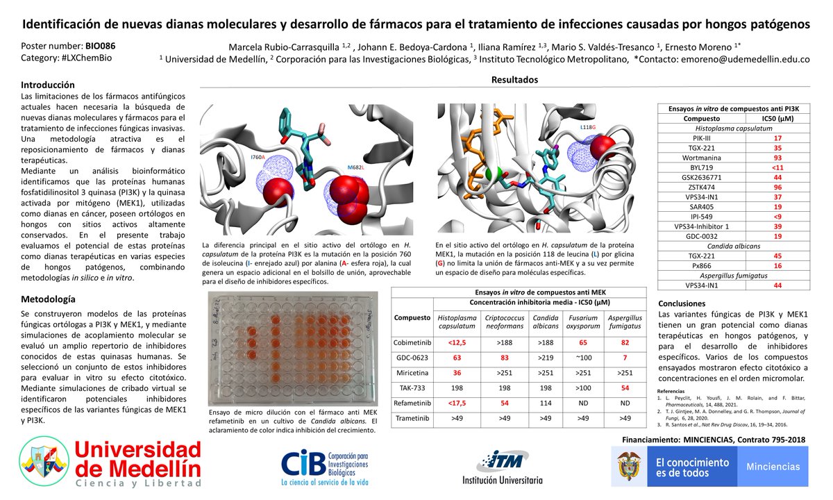 Marcela50698447's tweet photo. Hi @LatinXChem, this is my work ‘Identificación de nuevas dianas moleculares y desarrollo de fármacos para el tratamiento de infecciones causadas por hongos patógenos’, #LatinXChem22 #LXChemBio #BIO086 https://t.co/I6tgL83GC0