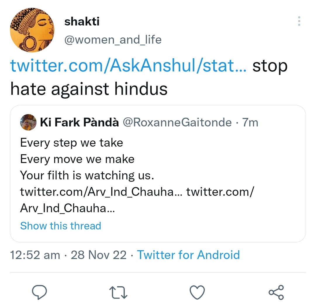 RoxanneGaitonde's tweet photo. Thank you Shakti ji.
Aapke 7 followers ko bhi pata chaley poore thread se, ki iss desh ki har mahila kitni prataadit hai. Aur yeh ladke hindu hon ya muslim ya koi bhi, hain hainwaan hi. Yeh sab toh humaare "hate" ke bhi layak nahi hain. #guiltyconsciencemuch ๐ค๐ https://t.co/8DsUGgUtgi