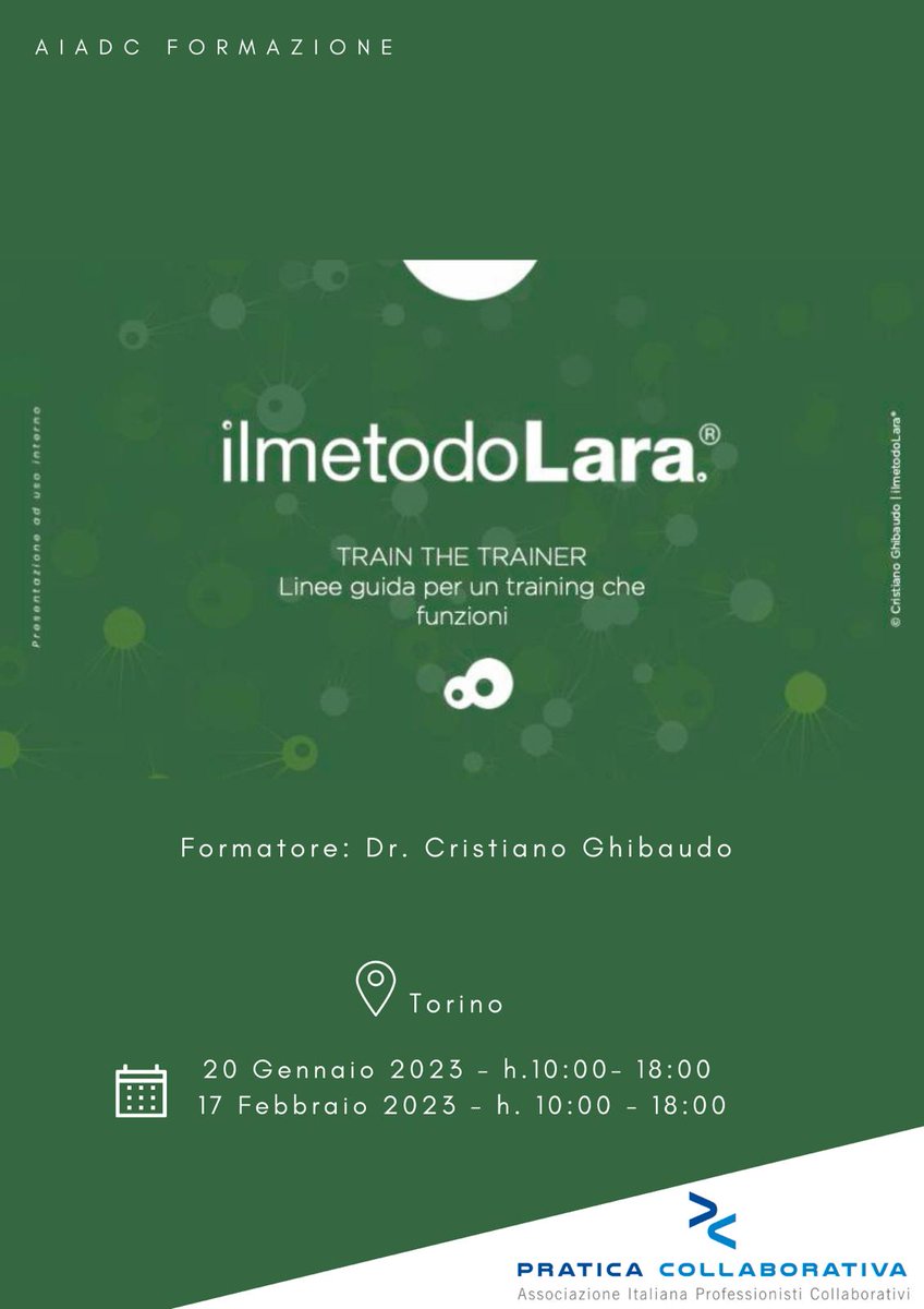 icollaborativi's tweet photo. 📌 20 gennaio
📌 17 febbraio
A #Torino dalle 10,00 alle 18,00.
#aiadc forma i propri formatori con #IlmetodoLara®️ di Cristiano Ghibaudo.Indirizzato a 14 #professionisticollaborativi che svolgano attività di #formatore.Iscrizioni entro il 15/12.#formazione #coaching #lavorointeam https://t.co/ufQrGGqG2S