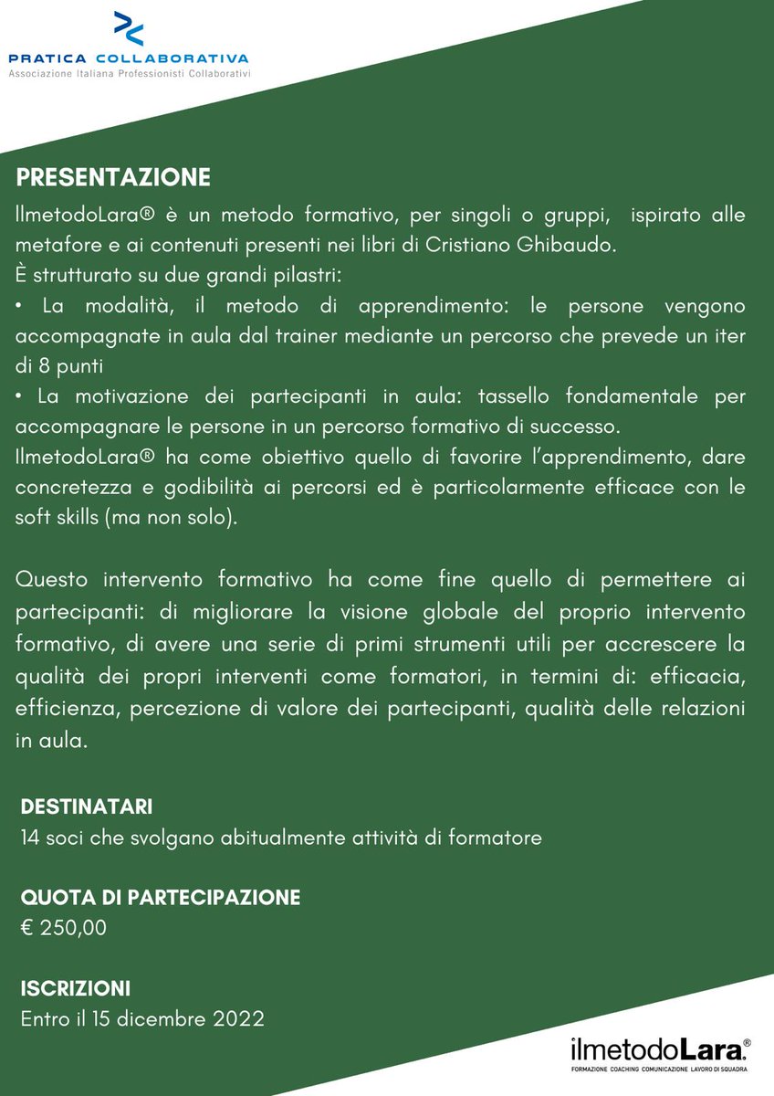icollaborativi's tweet photo. 📌 20 gennaio
📌 17 febbraio
A #Torino dalle 10,00 alle 18,00.
#aiadc forma i propri formatori con #IlmetodoLara®️ di Cristiano Ghibaudo.Indirizzato a 14 #professionisticollaborativi che svolgano attività di #formatore.Iscrizioni entro il 15/12.#formazione #coaching #lavorointeam https://t.co/ufQrGGqG2S