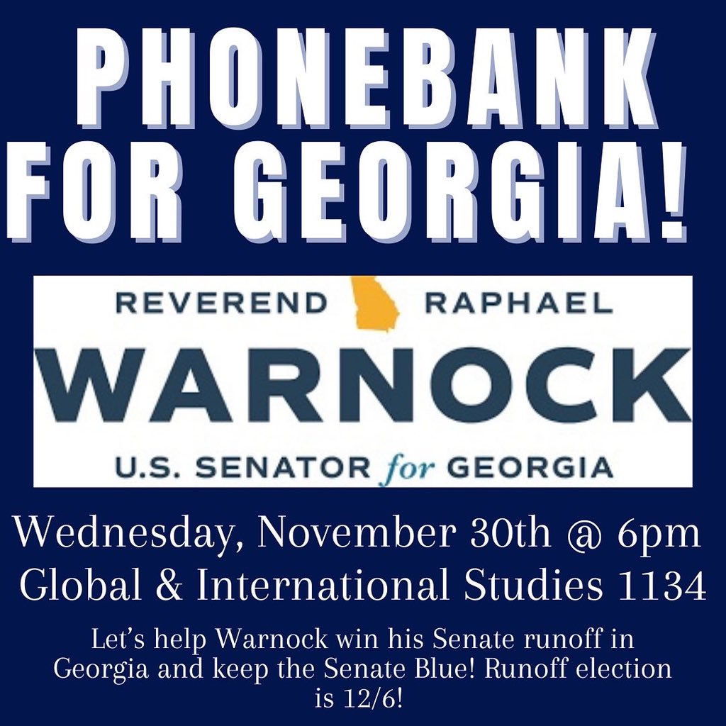 DemocratsAtIU's tweet photo. Also - before the meeting we will be hosting a quick phone bank for @raphaelwarnock to help him keep his Senate seat down in Georgia. Hope to see you all there! https://t.co/URHslnU7cy