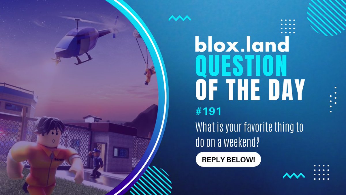 BloxLandRBX's tweet photo. ❓ Question of the day ❓ #qotd

What is your favorite thing to do on a weekend? 🌄

Reply below for a chance to win our weekly 5,000 #robux #giveaway!
Follow us to win!
#bloxland #roblox 👇 https://t.co/kYBvYKD4Fw