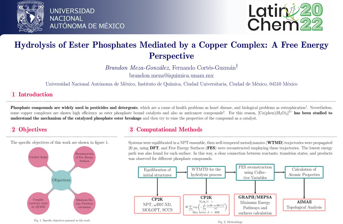 BrandonCIP1's tweet photo. Hello, @LatinXChem!
This is my work "Hydrolysis of Ester Phosphates Mediated by a Copper Complex: A Free Energy Perspective".

I am eager to discuss it with you! :)

#LatinXChem22  #LXChemComp #Comp035
#AIMD #DFT #Metadynamics #Catalyst #Copper #Phosphate https://t.co/xC56RynJsr