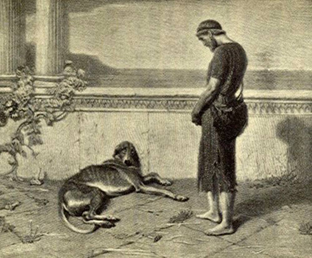 Argos, neglected and too old to rise, recognised Odysseus when no one else did, in his disguise.

He could not greet his beloved dog, as it would betray who he was. He went past- but not without shedding a tear.

Argos, who had finally fulfilled his duty, passed away peacefully.