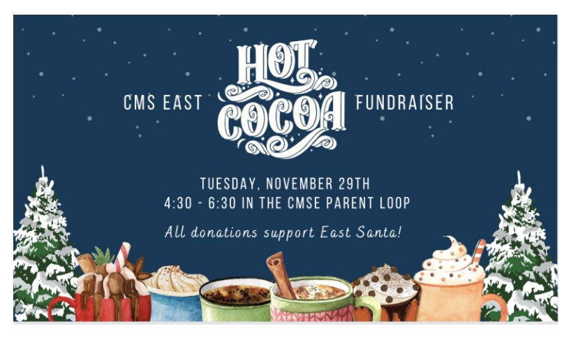 Coppell Middle School East (@coppelleast) on Twitter photo Don’t miss this!!! The Hot Cocoa fundraiser is this Tuesday at 4:30 in the parent loop! Donations go towards East Santa. 🎅 #broncosignite <a href="/mkarnold/">Melissa Arnold</a> @GOATBorenstein <a href="/Alissaag02/">Alissa Womack</a> Don’t miss this!!! The Hot Cocoa fundraiser is this Tuesday at 4:30 in the parent loop! Donations go towards East Santa. 🎅 #broncosignite <a href="/mkarnold/">Melissa Arnold</a> @GOATBorenstein <a href="/Alissaag02/">Alissa Womack</a>