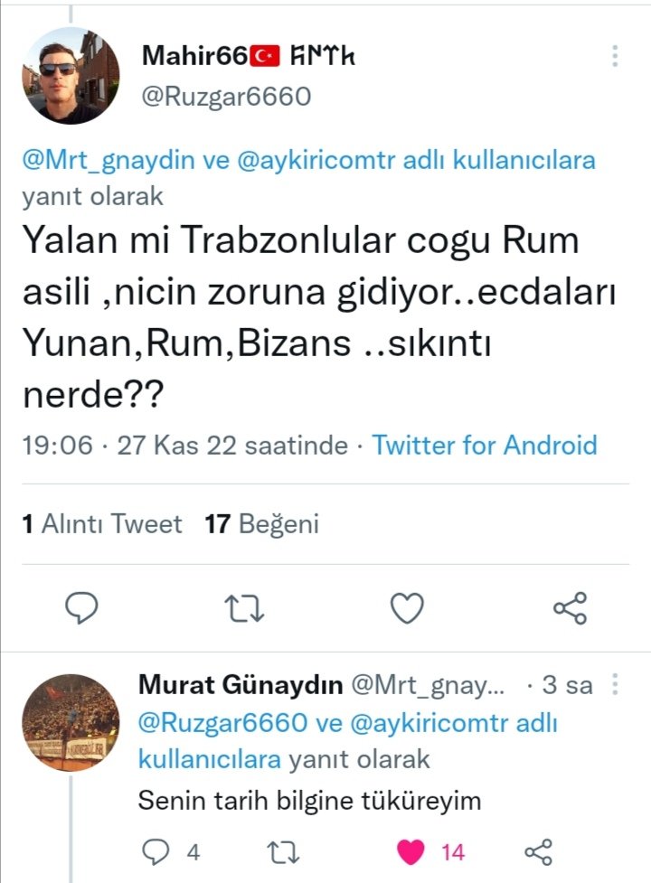 Bir postun altında bu kadar bilgisiz insanı ilk defa görüyorum. Sadece bir kaçı...
Bölge insanının, milliyetçi, cesur ve çalışkan olması, diğer bölge insanlarının çamur atmasına sebep oluyor. Siyasette Doğu Karadenizlilerin çoğunlukta olması da.
Siyaset bir arena, çıkın sizde...