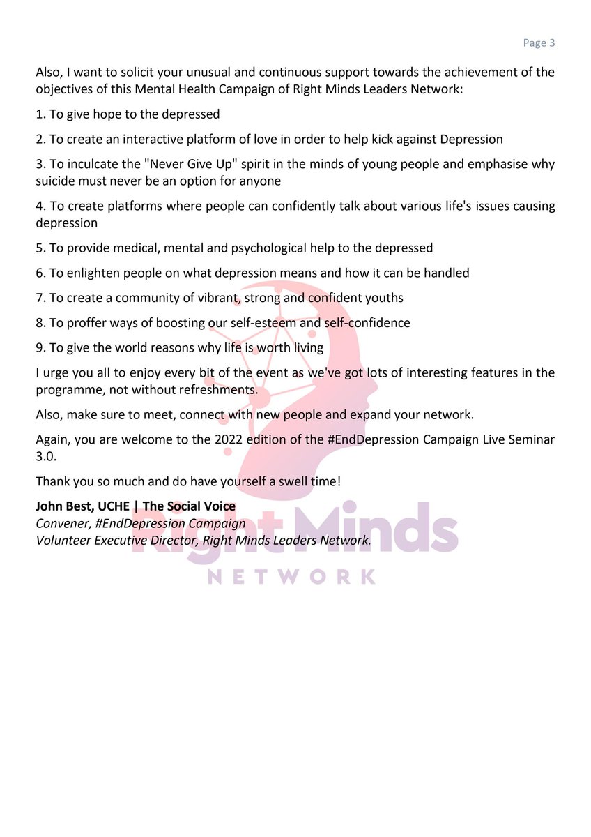 TheSocialVoice_'s tweet photo. AN ADDRESS DELIVERED BY JOHN BEST UCHE, CONVENER AND VOLUNTEER EXECUTIVE DIRECTOR, RIGHT MINDS LEADERS NETWORK ON THE OCCASION OF #ENDDEPRESSION CAMPAIGN LIVE SEMINAR 2022 (3.0) ON SATURDAY, NOVEMBER 26, 2022
CC
@Rightmindsnet
#TheSocialVoice
#RMLN
#EndSuicide
#MentalHealth https://t.co/6YC3M7vbDJ