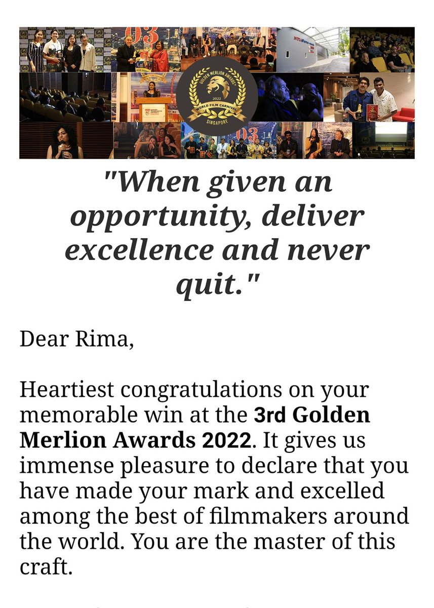 RimaIrani's tweet photo. An unparalleled pride having won the certificate ofAchievement in the prestigious GOLDEN MERLION AWARDS®-Best Educational Film.Many thanks to World Film Carnival,Singapore for the precious award granted to AUTISM ACROSS THE GLOBE. My heartfelt gratitude to all who made it happen. https://t.co/bb2nyQyCHC