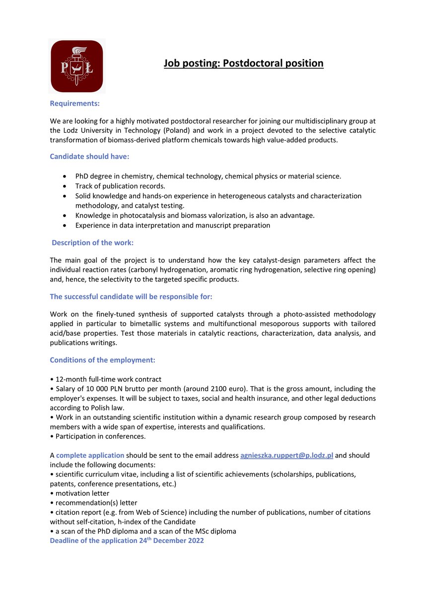 We are looking for a highly motivated postdoctoral researcher for joining our multidisciplinary group at the Lodz University in Technology. #postdoc #CHEMISTRY #nanotechnology