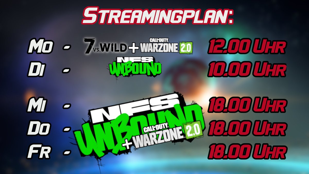 SpaceGoatOne's tweet photo. Am Montag sehen wir uns EP 6,7 von #7vswild2 an. Danach gibts noch etwas #COD Action!
Am Dienstag released #NeedForSpeedUnbound, welches wir die restliche Woche zocken werden.
Zwischendurch streuen wir einige Runden COD bzw
#Warzone2 rein.
#Twitch #TwitchDE #SpaceGoatOne https://t.co/rejZx64orK