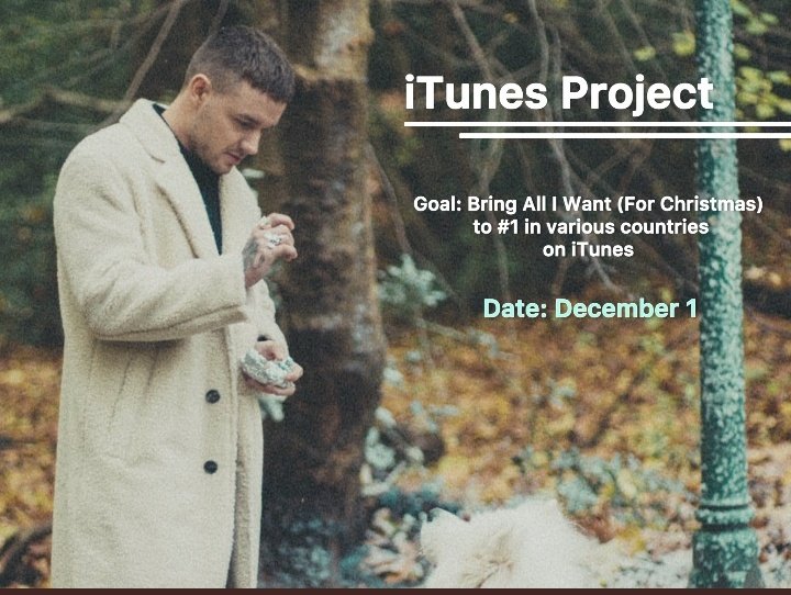 LiamPayneData's tweet photo. ALL I WANT (FOR CHRISTMAS)❄️🎄
(ITunes project)

This December 1st join us in bringing AIW to #1 in iTunes in various  countries around the world to promote the song and make it rise in the charts. 

- We will also do some dynamics.
¡Share! https://t.co/34ZisLveYS