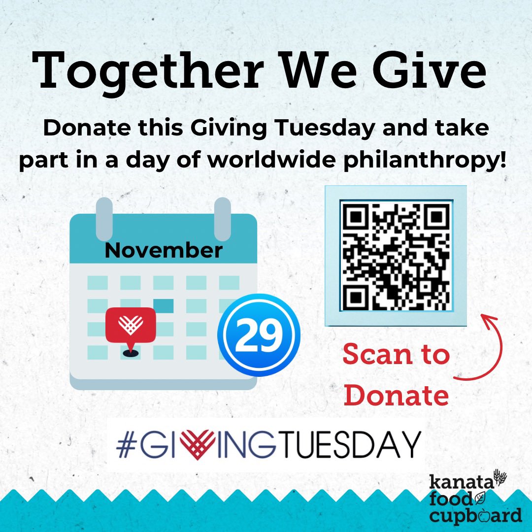 KanataFoodCpbrd's tweet photo. This Giving Tuesday you can help ensure your neighbours have food on their tables and in their pantries, as well as a holiday celebration to look forward to! 
Join us to make an impact in our local community by donating via the QR code below or by visiting https://t.co/d1buPyl4tB https://t.co/PSUaiPsg34