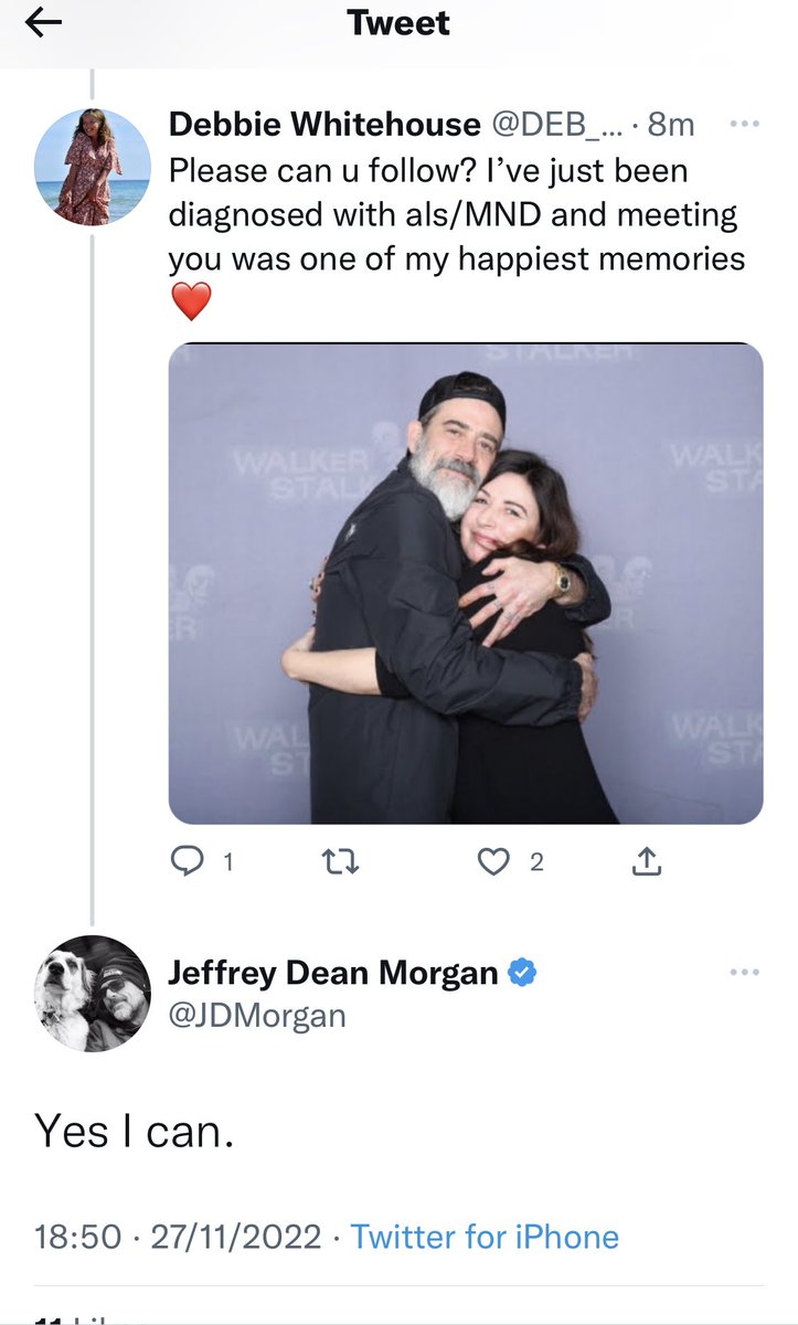 DebMNDBellator's tweet photo. I’ve struggled today 😞 Until this happened!😳 @JDMorgan ❤️ Now I just need @wwwbigbaldhead @kharypayton and @smugorange to Follow after meeting them all 🇬🇧 💙#TWDFamily #fuckals #MND #mndwarrior #alsfighter https://t.co/cBND7oVMSG