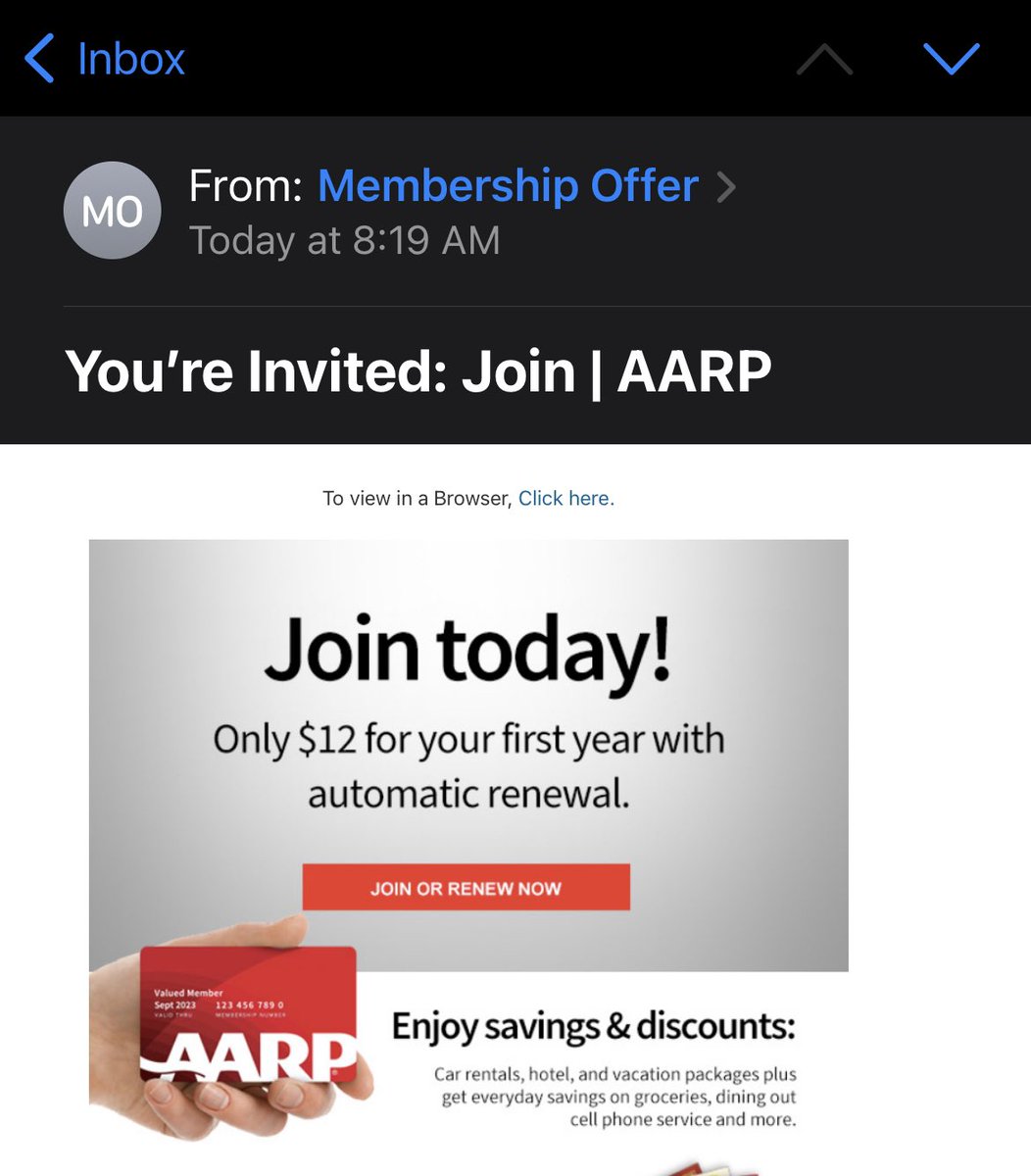BlevinsSam's tweet photo. It’s official… I’m old. #noteven30 #AARP https://t.co/0gWwmO9URb