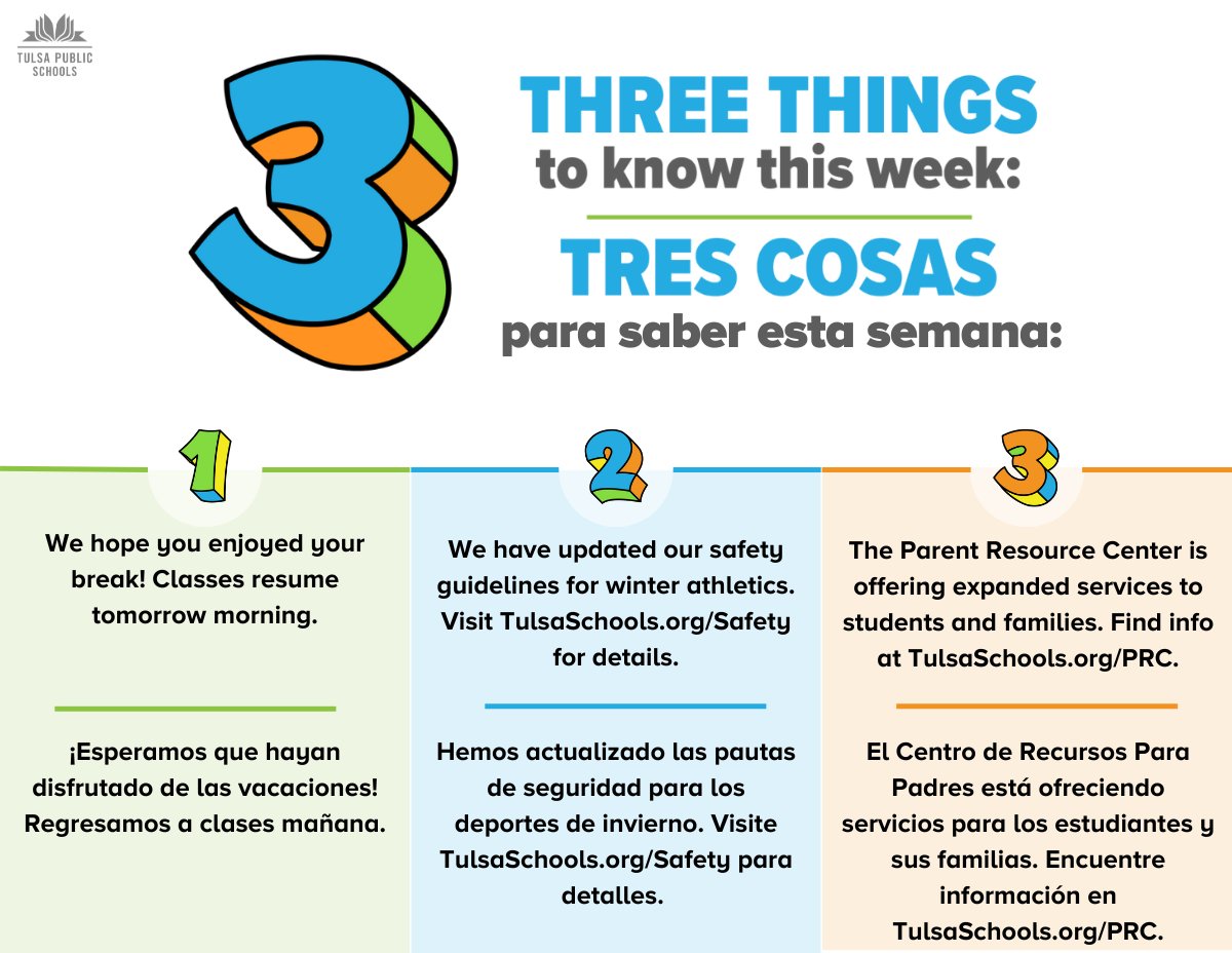 TulsaSchools's tweet image. ⬇️ Here are your three things to know this week!

⬇️ ¡Tres cosas que necesitan saber esta semana!