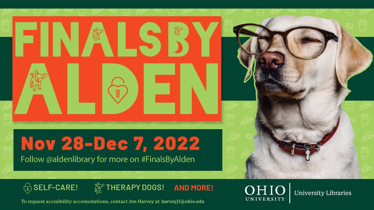 Finals by Alden is right around the corner. From Nov. 28 through Dec. 7, there will be self care activities at both Alden Library and the Music &amp; Dance Library in Glidden Hall and click here for more info: bit.ly/FinalsByAlden22
<a href="/ohiou/">Ohio University</a>