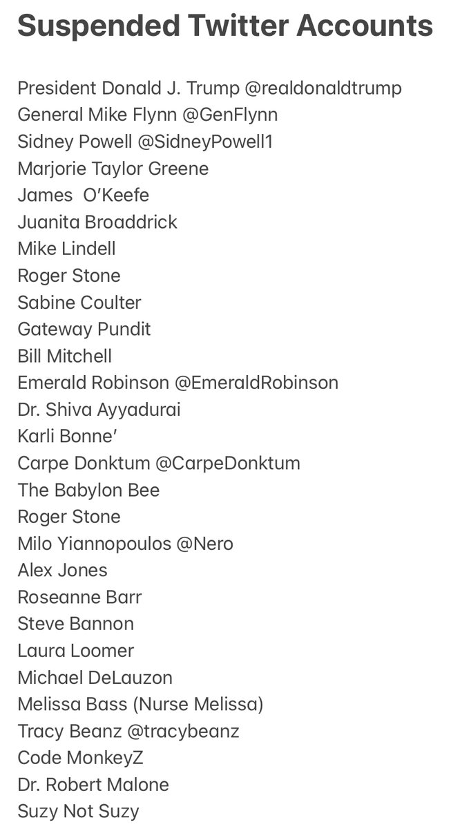 @elonmusk @elonmusk Here’s a list of suspended conservative accts. I add to it when I think someone else. Some of the accts on my list have already been reinstated, but I like to keep it that way. I posted this list a few wks ago, perhaps you hadn’t noticed it. Please consider the rest?✌️