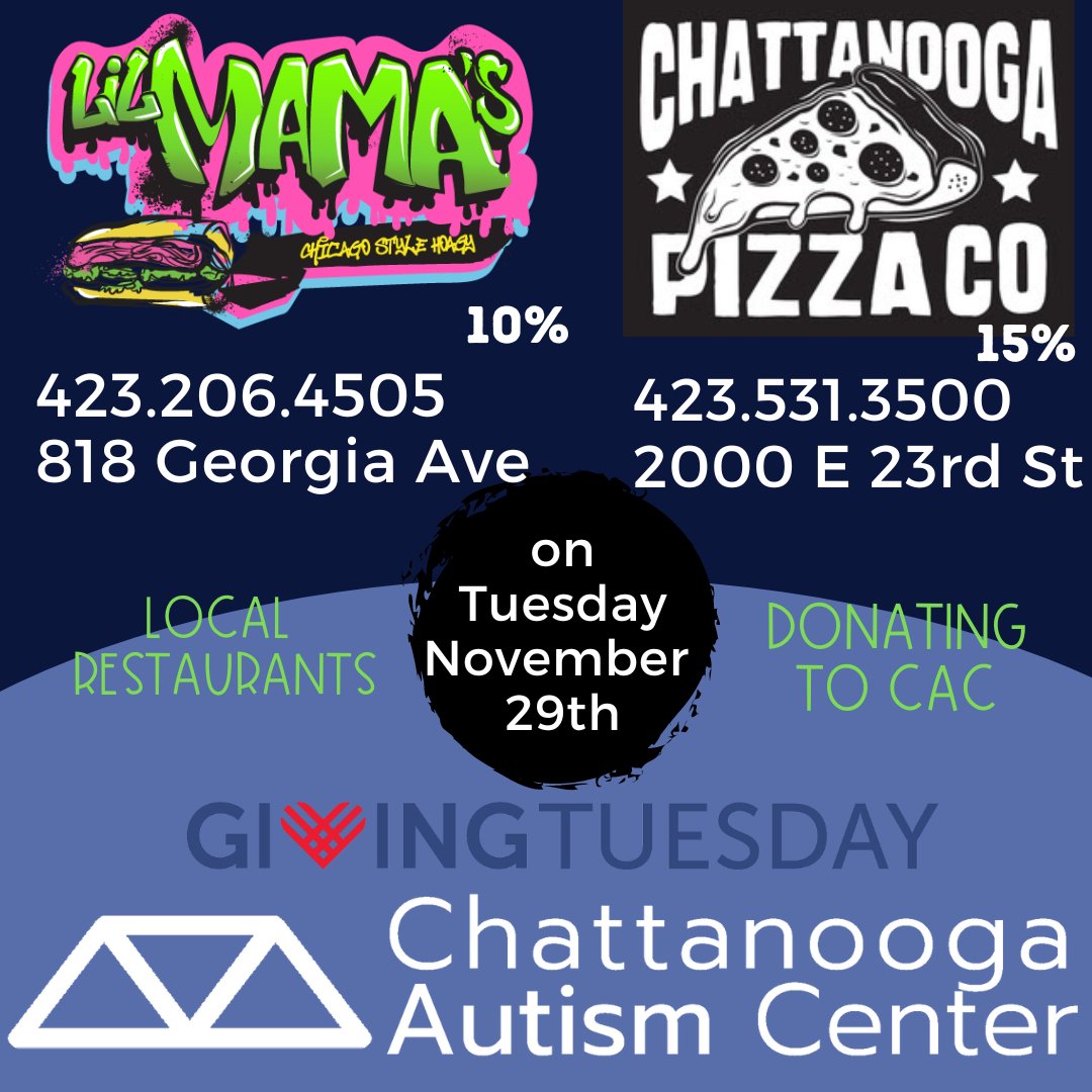 Celebrate #GivingTuesday with us! 15% of ALL Tuesday sales will go to @chaautism as they expand their services for autistic kids, adults, and their caregivers in YOUR #localcommunity!

Or donate directly: chattanoogaautismcenter.org/givingtuesday

Be a local hero just by eating great pizza!  :)