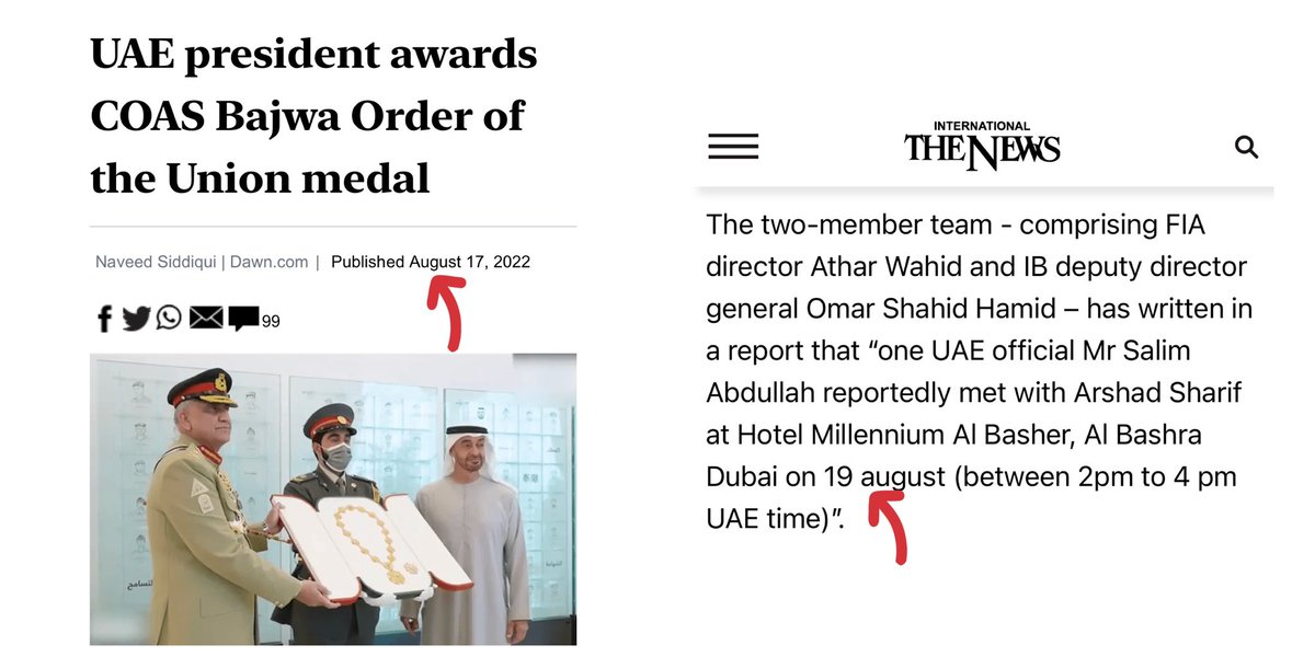 17th August: Pakistan Army Chief General Bajwa visited UAE to receive Order of the Union.

19th August: UAE advises Pakistani journalist Arshad Shari to leave UAE immediately as his life is in danger.

21 August: Arshad flies to Kenya

24 Oct: Arshad assassinated in Kenya.