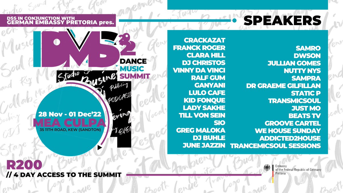 KamoMailula_'s tweet photo. This week we are back in Joburg for @dmssouthafrica. Have you purchased your ticket?

🗓️: 28 November (Monday) - 01 December (Thursday)
📍: Mea Culpa, 35 11th Rd, Kew, Johannesburg, 2090, South Africa
🎟️: R200
🔗: https://t.co/ZDn1gAYnbu

#DanceMusicSummit2022 https://t.co/k0Gg1bAaha