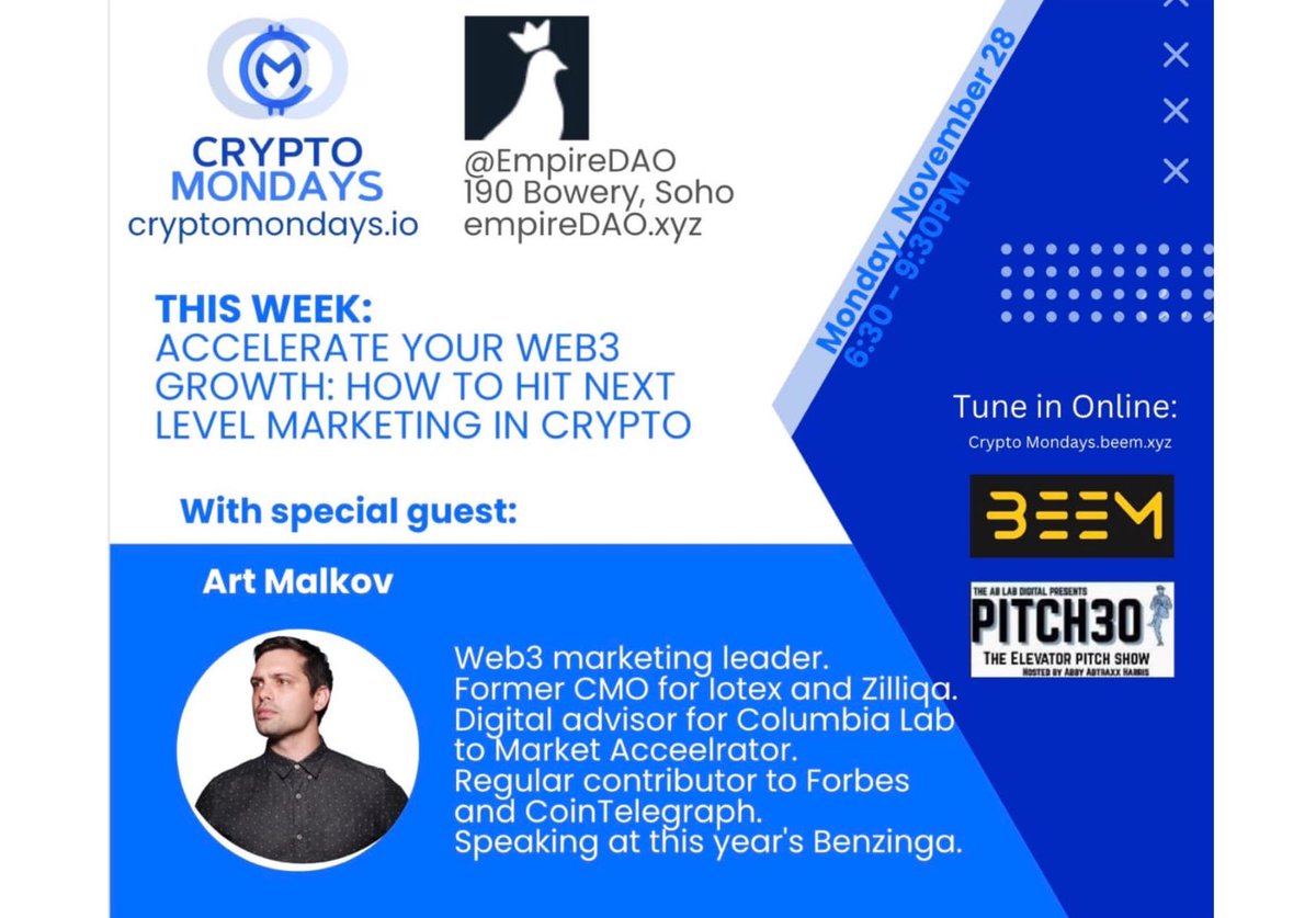 CryptoMondaysNY's tweet photo. Come share stories from your Thanksgiving family with your #cryptofamily tomorrow. Guest is @art_malkov, #web3 marketing thought leader, regular contributor to @Forbes and @Cointelegraph, and speaker at upcoming @benzingacrypto conference. Must RSVP- https://t.co/iQJ38oOGKx https://t.co/xJO0DPHbAb