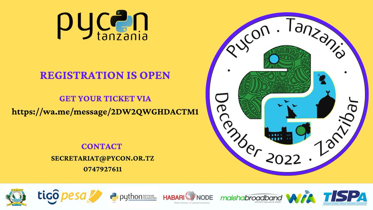 Grab Your <a href="/PyconTanzania/">Python 🇹🇿 Conference</a> Ticket and See You at <a href="/StateSuza/">The State University of Zanzibar (SUZA)</a> In Zanzibar Soon From 5th Dec - 8th Dec 2022.

It will be a Full Week of Coding - Learning and Hackimg Python Lang.