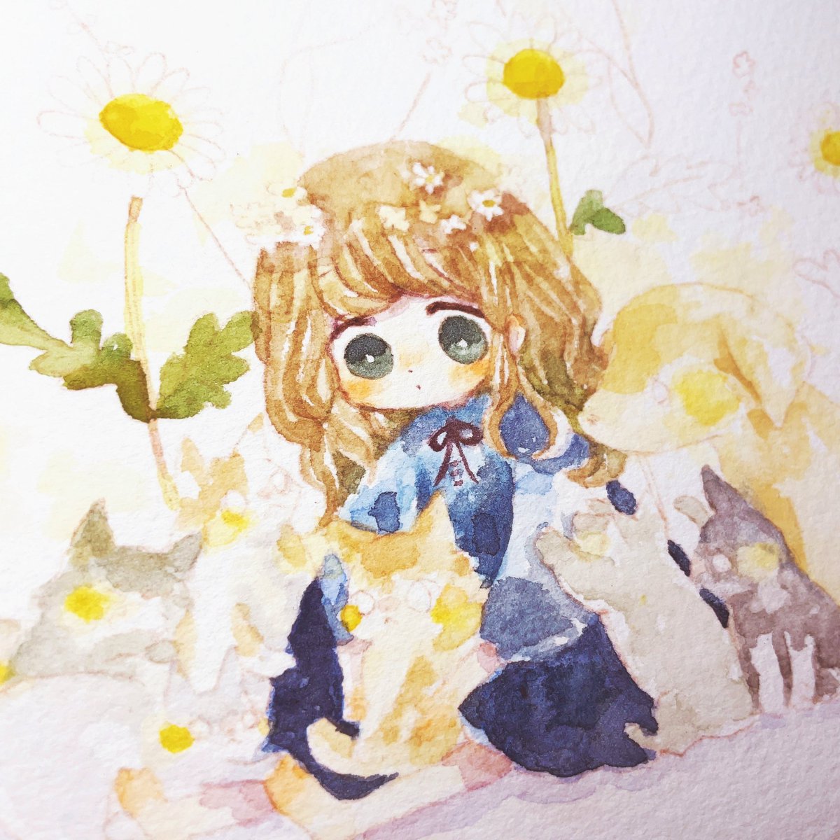 1girl flower cat solo sitting long hair painting (medium)  illustration images