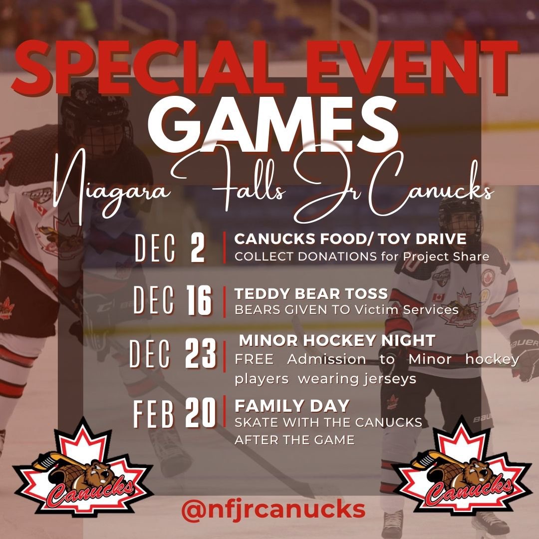 NF_Canucks's tweet photo. Closing out the year with 3 special events games in December
Mark your calendars
#specialevents #only3homegamesindec #nucksnation #projectshare #teddybeartoss #minorhockeynight #skatewiththecanucks
#gojhl https://t.co/FcS3RaENQp