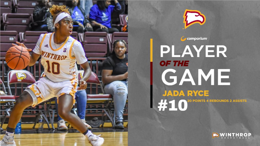 Congrats to sophomore guard Jada Ryce on being named the Comporium Player of the Game! She sets a Winthrop career high in points, going over 20 for the first time as an Eagle! This is her first POTG award this season. #ROCKTHEHILL #BigSouthWBB
