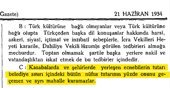 1934'te, Atatürk döneminde yürürlüğe giren İskan Kanunu, 11. maddesi: Bir şehre nüfusunun %10'undan fazla mülteci alınamaz.

(Bu kanun 2006 yılında kaldırıldı)