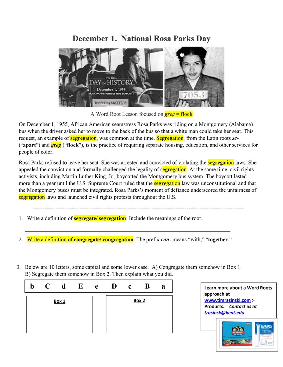 TimRasinski1's tweet photo. Morphology Monday!
Dec 1 is National Rosa Parks Day.  This week’s Morphology/Word Root resource focuses on the word root “greg” = “flock” as in congregate, segregation, desegregation, etc.   
Feel free to share this resource w colleagues &amp; families. 
@ILAToday @reading_league https://t.co/uvTJLnk6bc