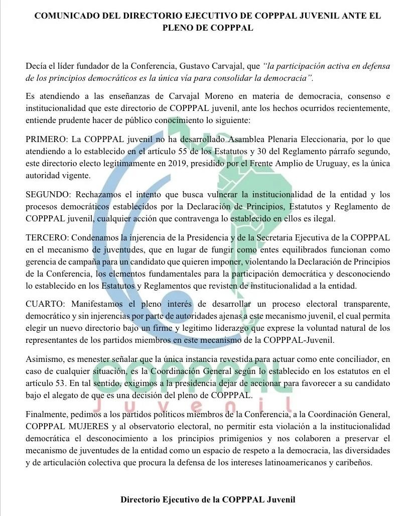 JuventudPSUV's tweet photo. 📍COMUNICADO COPPPAL JUVENIL.
Desde nuestra organización respaldamos el comunicado emitido por el directorio ejecutivo de la @COPPPALJuvenil ante el pleno de la @copppal_oficial
@NicolasMaduro @Grecia_Jpsuv
#COPPAL
#102AñosAMBEnAlasVenceremos https://t.co/iDSfdTevRK