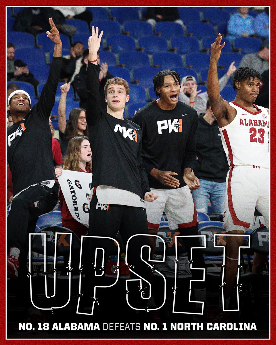 No. 18 Bama takes down No. 1 UNC in 4OT 🐘 

📸 <a href="/AlabamaMBB/">Alabama Men’s Basketball</a>