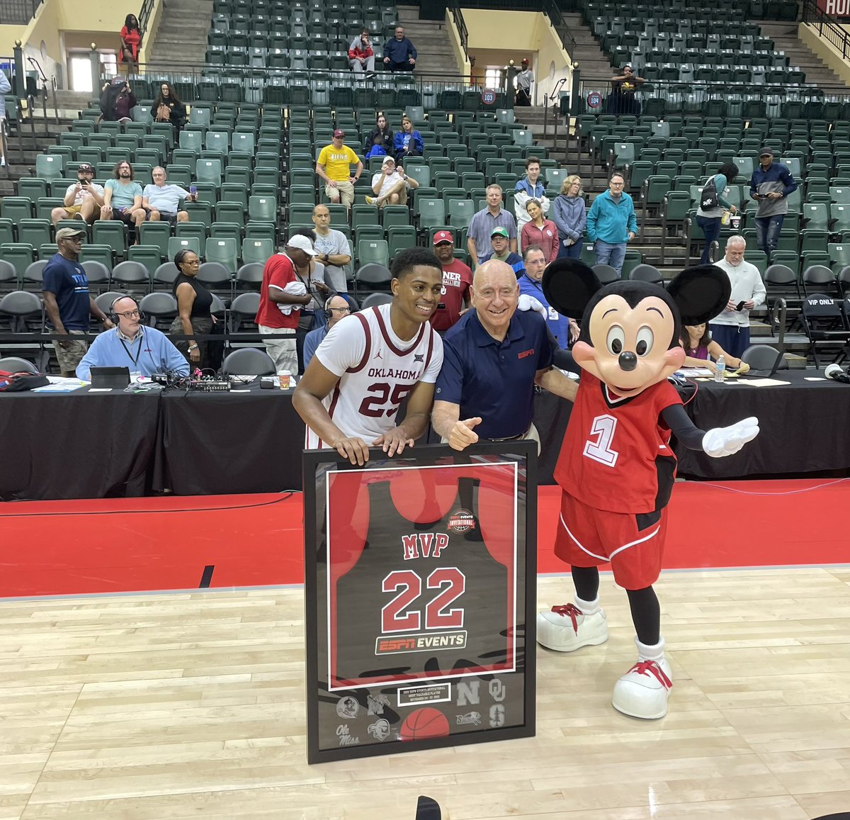 Congrats to <a href="/OU_MBBall/">Oklahoma Basketball</a>  winning the ESPN EVENTS INVITATIONAL over a good <a href="/OleMissMBB/">Ole Miss Men’s Basketball</a>  team  Now Sooners have won 6 straight. Rebels go to 7-1 ! GRANT SHERFIELD was MVP !