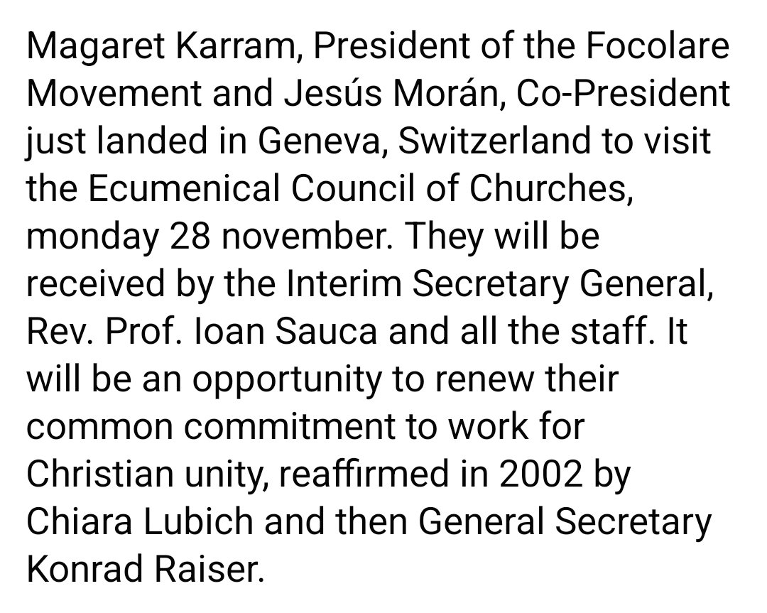 Focolare_org's tweet photo. Magaret Karram e Jesús Morán sono a Ginevra (Svizzera) per visitare lunedì #28novembre il Cons. ecumenico delle Chiese. Un'occasione di rinnovare l’impegno a lavorare per l’unità dei cristiani, riaffermato nel 2002 da Chiara Lubich e dall’allora Segretario Generale Konrad Raiser. https://t.co/Rp676vf0pp
