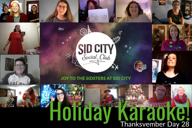 sidcityonline's tweet photo. Some of our #Thanksvember posts will change each year, but I've made the exec decision that our final post will always be the karaoke segment from our 2020 Holiday Special. It's creative &amp; silly &amp; joyful &amp; sums up the #SidCitySocialClub perfectly.

🎶: https://t.co/CeRzyx5Eou https://t.co/BSD6wsXhJf