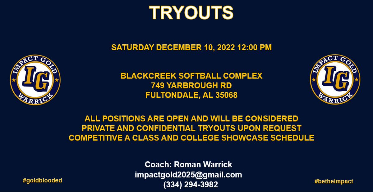 🚨TRYOUTS🚨

We are coming off a very competitive Fall campaign  playing an A class/showcase schedule!

We will continue to play top tournaments/showcases seeking the best competition while showcasing our talents in front of college coaches! #betheimpact #championvibesonly