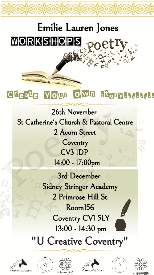IslandRussian's tweet photo. Have Fun With Words 
with Coventry Poet Laureate, Emilie Lauren Jones

Have a go at creating your own poem, inspired by words from across the world. Mix poems with art and enjoy playing with words. You don’t need to be ‘good at writing’ to attend these sessions. https://t.co/iMkIvrI3bR