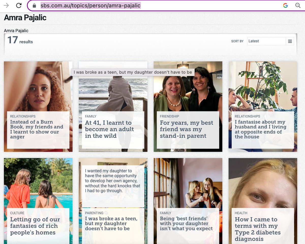 AmraPajalic's tweet image. I just found that SBS Voices has catalogued all my articles. Have 17 published with another 3 submitted. Pretty happy with myself. #memoir #amwriting #memoirwriting #writingcommunity
sbs.com.au/topics/person/…