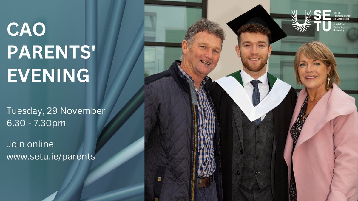 SETUIreland's tweet photo. It’s never too early to start asking those all-important questions about your child’s college journey. Join SETU’s team of experts online on Tuesday, 29 November from 6.30pm for information on helping students to make the right choice for them. #InspiringFutures #SETU https://t.co/CrSl1Kgco2