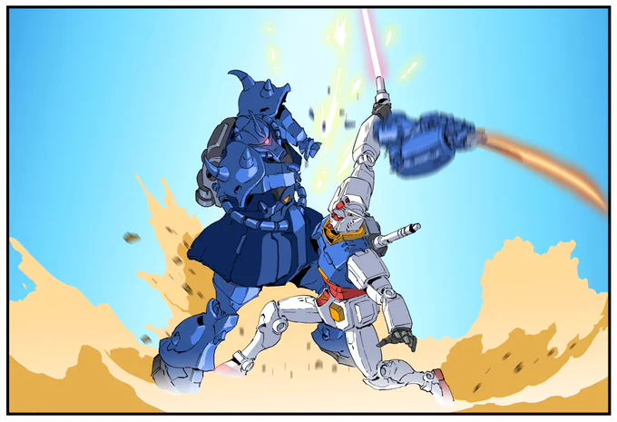 グフ対ガンダムの一騎打ちは、作品の中でも屈指の名勝負でした。グフが一太刀で決めようと斬りかかったところを、ガンダムは寸前でかわしつつ、グフの両腕を刎ね上げます。お互いのモニターが使えず目視による間合いギリギリの勝負は、一瞬の差でガンダムに軍配が上がりました。#グフ #ガンダム #決闘 