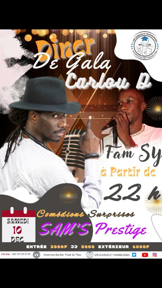 UfrSetUidt's tweet photo. 🚨🚨🚨

Diner de gala de l'UFR SET avec Carlou D &amp; Fam Sy à partir de 22h au Sam's Prestige 🍽🍸🎉❤

VENEZ NOMBREUX 🔥 https://t.co/Qb3oMOolBS
