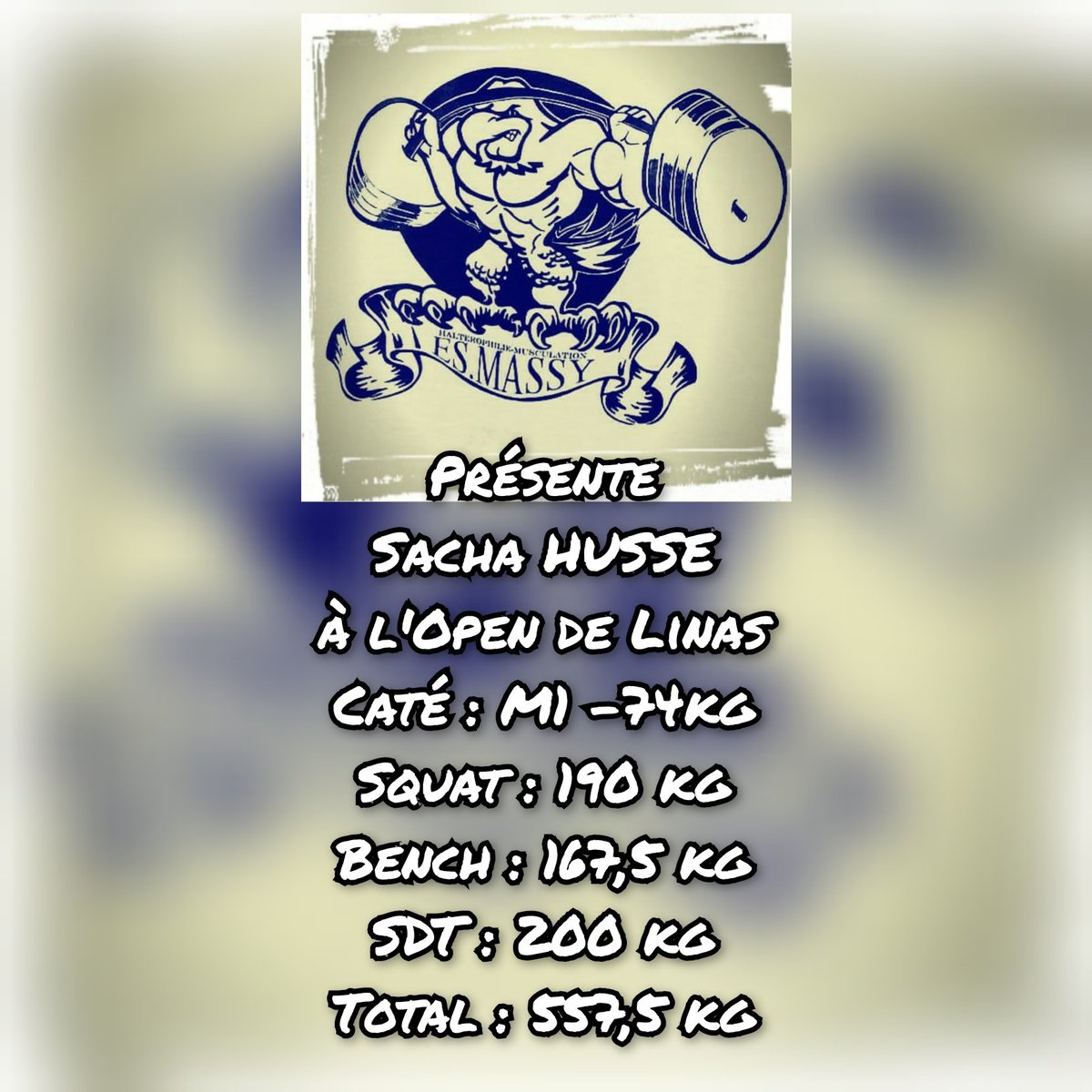 Résultat de l'Open de Linas pour Sacha HUSSE. Il se qualifie pour les Chpts de France en FA 2023 et également au Chpts de France Bench Classic 2023.
Bench Classic.
Toutes nos Félicitations ! 💪👏💪
<a href="/villedemassy/">Ville de Massy</a> <a href="/ESportiveMassy/">Entente Sportive de Massy</a> <a href="/nicolas_samsoen/">Nicolas SAMSOEN</a> <a href="/OlivierRoverc_h/">Olivier ROVERC'H</a> <a href="/libriere/">Lionel Briere</a>