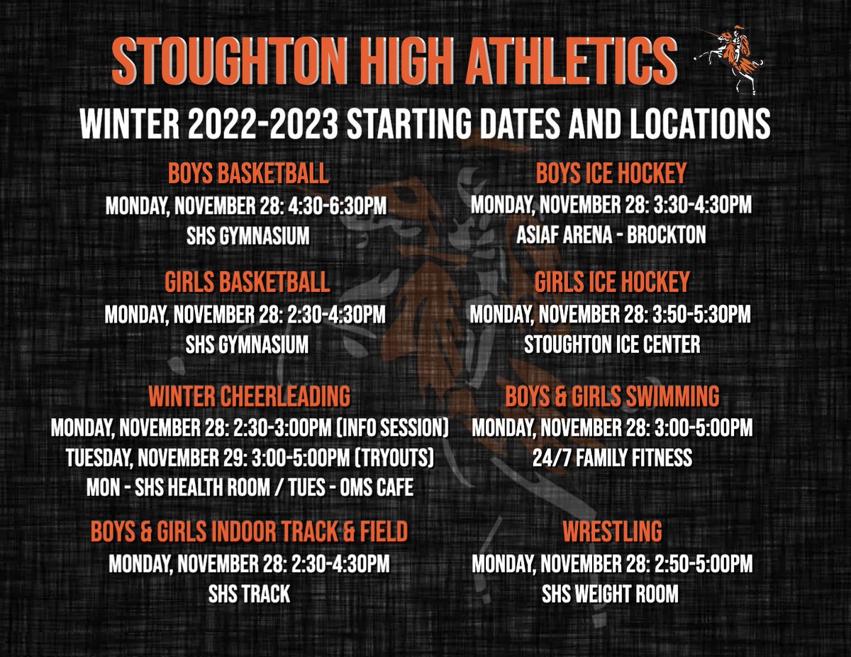 StoughtonPS's tweet photo. Monday, November 28, 2022 marks the first day of tryouts for the winter sports season at Stoughton High! See where/when each team will be meeting...

Good luck to all of our student athletes and go Black Knights! 

@BlackKnights_AD https://t.co/Zff2QJU3JX