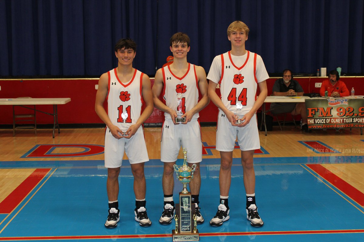 JustinHatten21's tweet photo. @BasketballOlney senior guard @dlbrown_10 (#11), junior guard Ian Winkler (#4 - MVP) and sophomore forward @RexHallam2 (#44) earned Lawrence County Capital Classic honors for the Tigers (3-0), who repeated as tourney champs. @deuceandabuse @areasports @NestoHoops @Rick_Sports10 https://t.co/Oj6YSLZdhr