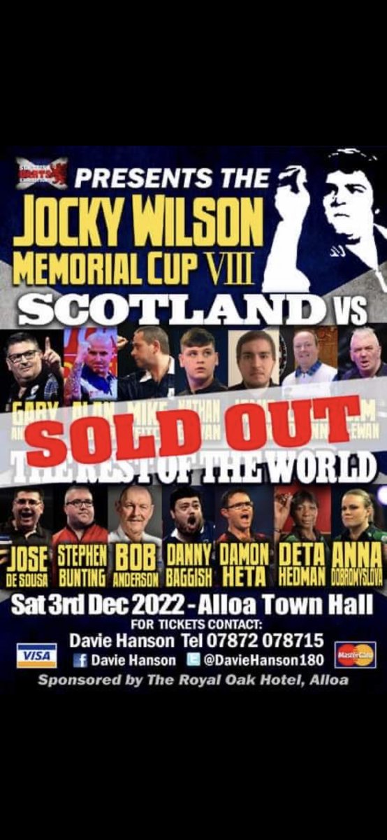 DavieHanson180's tweet photo. The Jocky Wilson Memorial Cup VIII this Saturday Dec 3rd @ Alloa Town Hall Scotland 🏴󠁧󠁢󠁳󠁣󠁴󠁿 Platinum &amp; Vip Doors Open 12 Noon All Other Tickets 1pm 🎯 https://t.co/iI9Azwi6aB