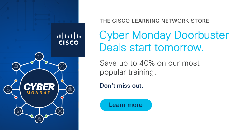 LearningatCisco's tweet image. You only have *4 HOURS* to lock in 40% off select Cisco training products tomorrow! Arrive early for Doorbuster Deals on November 28, 8am through noon PT. 

24 hours of Cyber Monday savings: cs.co/6017M7EYN

#Cisco #CiscoCert #CML #CCNA #CCNP #CCIE #CCDE