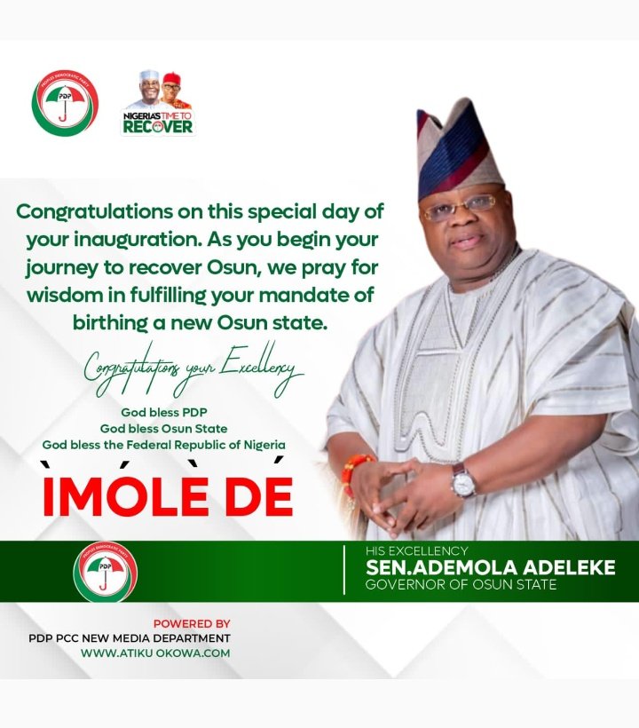PDPAwareness's tweet photo. Success will soon meet us, as it Punch the good people of Osun.
Congratulations to H.E Adeleke as he #RecoverOsun. The Victory of Osun is a bedrock that the people believe in PDP
Together we will #RecoverNigeria With @atiku & @IAOkowa on the Ballot🗳️ 9ja🇳🇬 shall be great again. https://t.co/RBF23NiGFQ